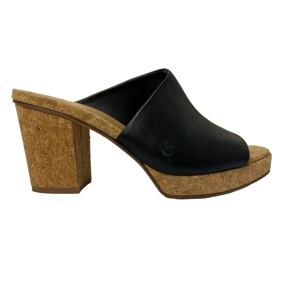 Vince. Wyatt Slide Sandal Cork Platform & Block Heel Black‎ Leather Upper SZ 9.5
